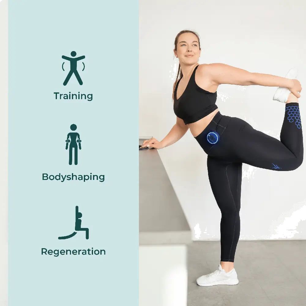 Zweigeteiltes Bild: Rechts dehnt sich eine Frau in der schwarzen Antelope EMS-Leggings. Links zeigen drei Symbole die Anwendungsbereiche Training, Bodyshaping und Regeneration.