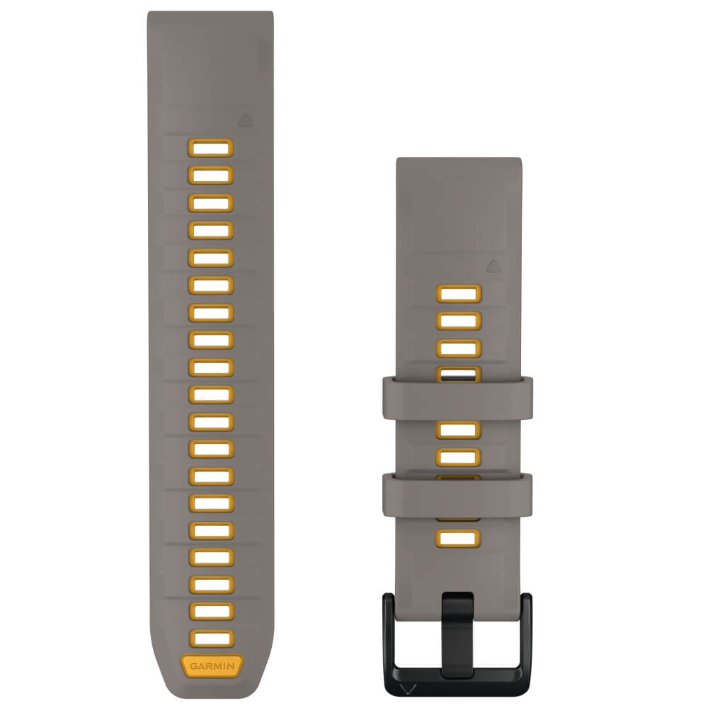 Garmin QuickFit Silikonarmband 22 mm Silbergrau/Dakota Yellow für fenix 9 47 mm – Vorderseite mit Schließe und Lochband