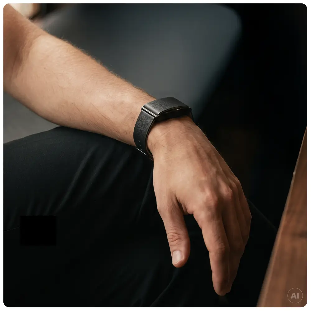 Lifestyle-Aufnahme des Unterarms eines Mannes, der auf einem Stuhl sitzt. Er trägt den minimalistischen POLAR Loop Tracker mit dem schwarzen Lederarmband, das unauffällig und elegant zu seiner schwarzen Hose passt.