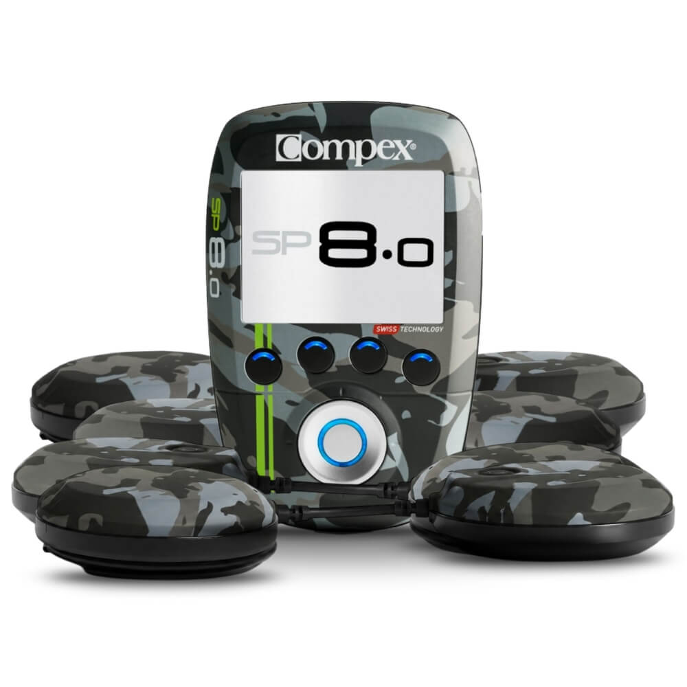 Compex SP 8.0 WOD Edition Wireless EMS Muskelstimulator im Camouflage-Look – Set aus kabelloser Fernbedienung mit Farbdisplay und vier runden Stimulationsmodulen im Camo-Design für CrossFit und Leistungssport.