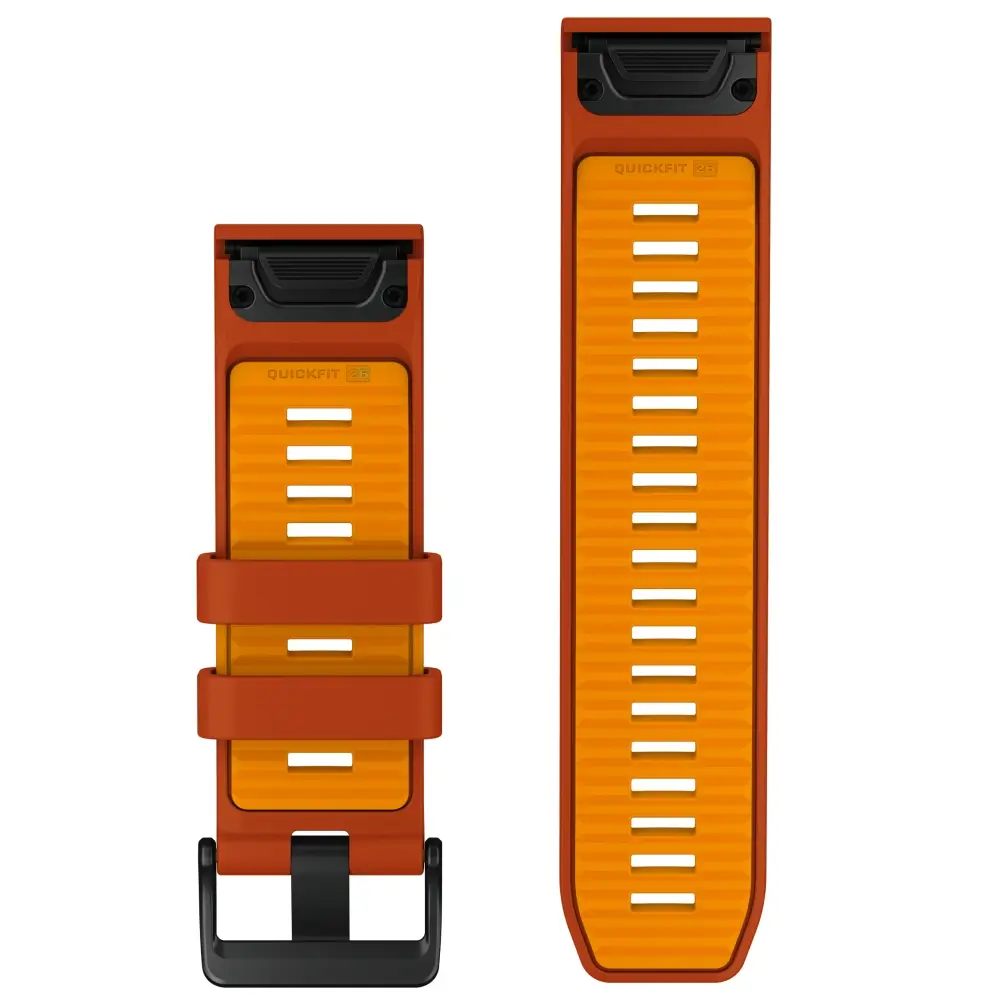 Garmin QuickFit Silikonarmband 26 mm Autumn Orange/Spark Orange für fenix 9 51 mm – Rückseite mit Schließe und Lochband