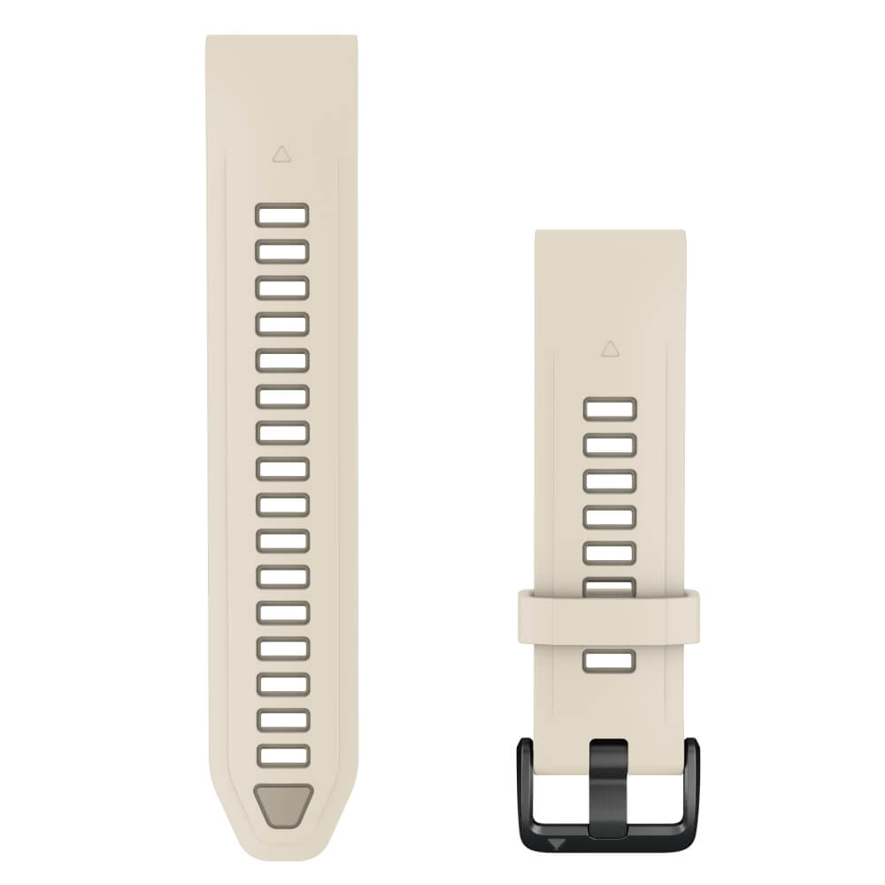 Garmin QuickFit Silikonarmband 20 mm Creme/French Gray für fenix 9 43 mm – Vorderseite mit Schließe und Lochband
