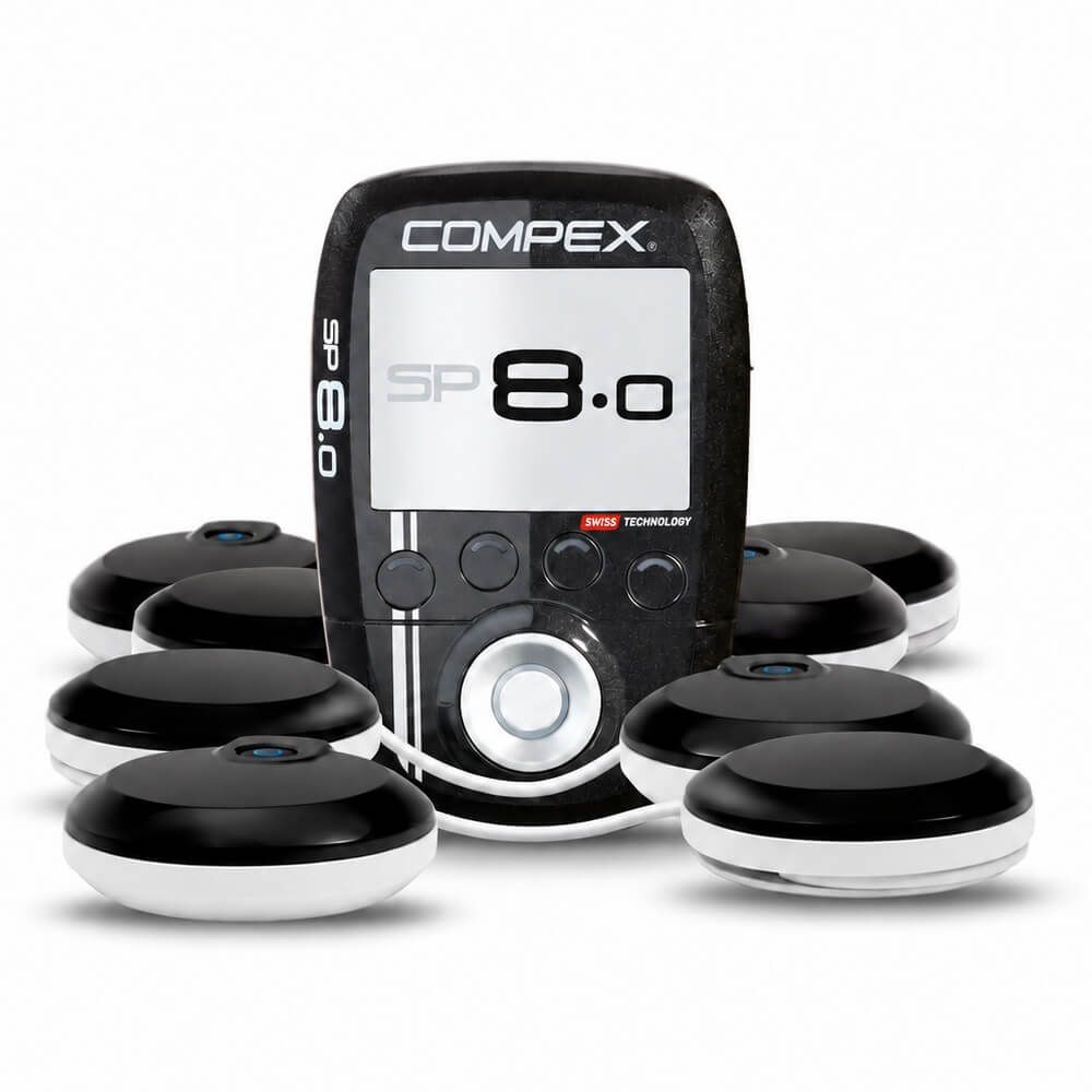 Compex SP 8.0 Wireless EMS Muskelstimulator mit TENS-Funktion zur Regeneration und Muskelstimulation – Set aus schwarzem Steuergerät mit Farbdisplay und vier kabellosen Stimulationsmodulen. Compex SP 8.0 Wireless EMS Muskelstimulator mit TENS-Funktion zur Regeneration und Muskelstimulation – Set aus schwarzem Steuergerät mit Farbdisplay und vier kabellosen Stimulationsmodulen.