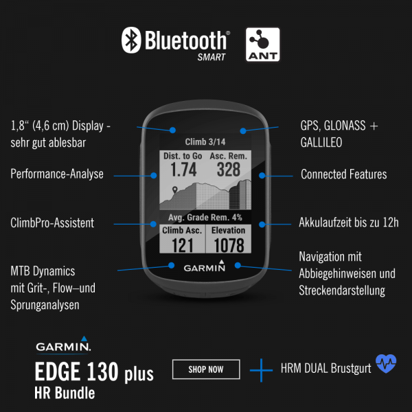 Garmin Edge 130 Plus GPS Radcomputer Bundle mit HRM Dual Brustgurt bei CardioZone günstig online kaufen