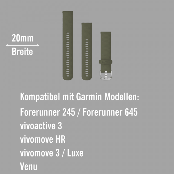 Garmin Schnell-Wechsel Silikon Armband 20mm Moosgrün / Schnalle Silber + Einstellband L bei CardioZone online kaufen